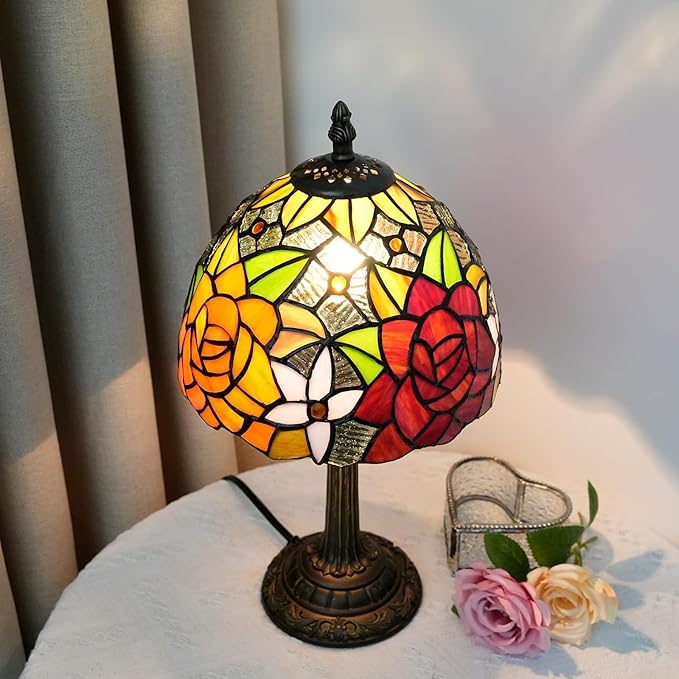 Tiffany Lamp Bedside Table Lamp-Nightstand,Stained Glass Lamp for Bedroom Dorm Living Kitchen, Aesthetic Cute Home Decor Gift (8-inch Rose)