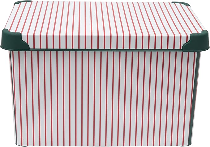 Simplify Christmas Stripe Design Holiday Tote Bin Ornament Storage | Holds 60 Ornaments | Removeable Lid | Easy Carry Handles | Christmas Storage | Green