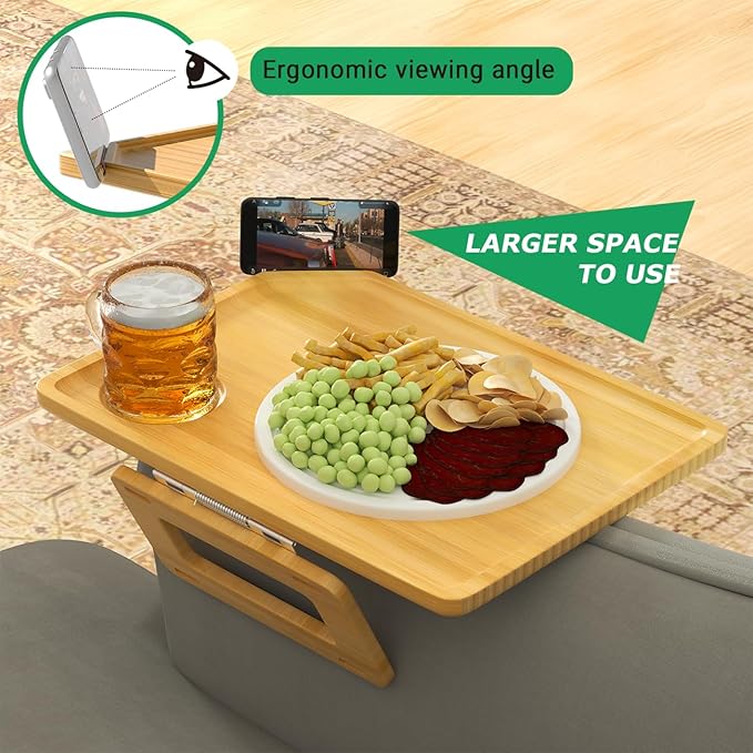 Smatdecis Couch Arm Tray Table Sofa Arm Clip Table, Armrest Tray Table Suitable for Home Drinks/Fast Food/Fruit Etc, Large Size Multi-Function Natural