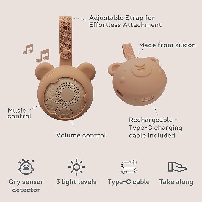 Taf Toys Portable Sound Machine for Baby Sleep Soft Light & Cry Sensor - 30 Mins Melodies - Ideal for Cribs, Strollers, Travel White Noise Machine Sleep Soother Soothing Sounds, Shush Rechargeable