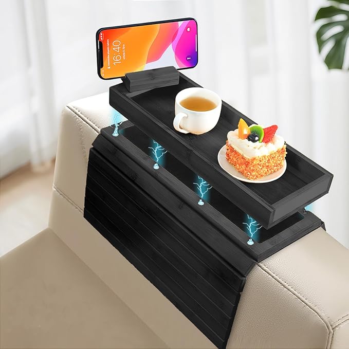 Bamboo Sofa Arm Tray – 2-in-1 Magnetic Detachable Couch Cup Holder & Armrest Table with Anti-Slip Pad, Convenient Tray for Drinks, Snacks & More,Black