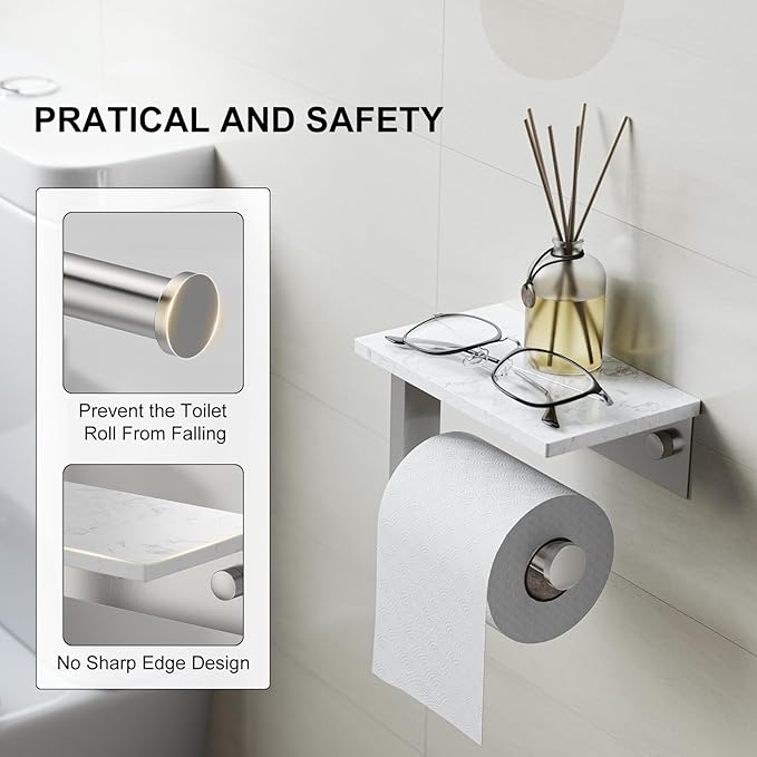 Toilet Paper Holder with Marble Shelf, 304 Stainless Steel Tissue Hand Holder Wall Mounted Toilet Paper Roll Hold with Phone Shelf for Bathroom Kitchen Washroom Bedroom, Brushed Nickel