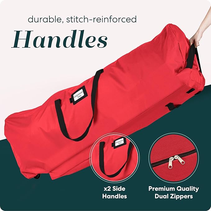 Handy Laundry Christmas Tree Storage Bag with Wheels – Fits 9 Ft Artificial Tree, Heavy Duty, Waterproof, Large Zippered Holiday Storage Container, Durable Handles, Red