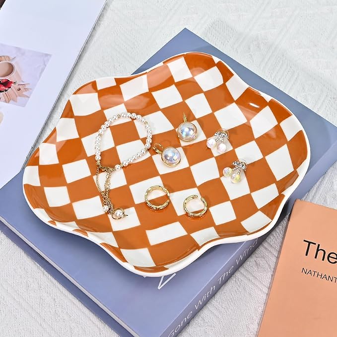 Koythin Jewelry Tray, Ceramic Jewelry Dish Trinket Tray Organizer, Checkered Pattern Aesthetic Decorative for Kitchen, Bathroom, Birthday Gift (Brown Plaid)