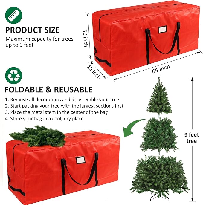 HABGP 9 ft Christmas Tree Storage Bag, Fits Artificial Xmas Holiday Tree, Durable Christmas Tree Storage Box Waterproof Material with Zippered Bag & Carry Handles, Protects from Dust, Moisture - Red