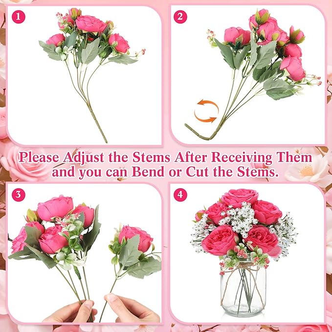 Zeyune 12 Sets Mason Jar Centerpiece Table Decorations, Artificial Peony Baby's Breath Flower Bouquets, Faux Flowers with Vase, Rustic Decor Gifts for Home, Wedding, Holiday (Hot Pink)