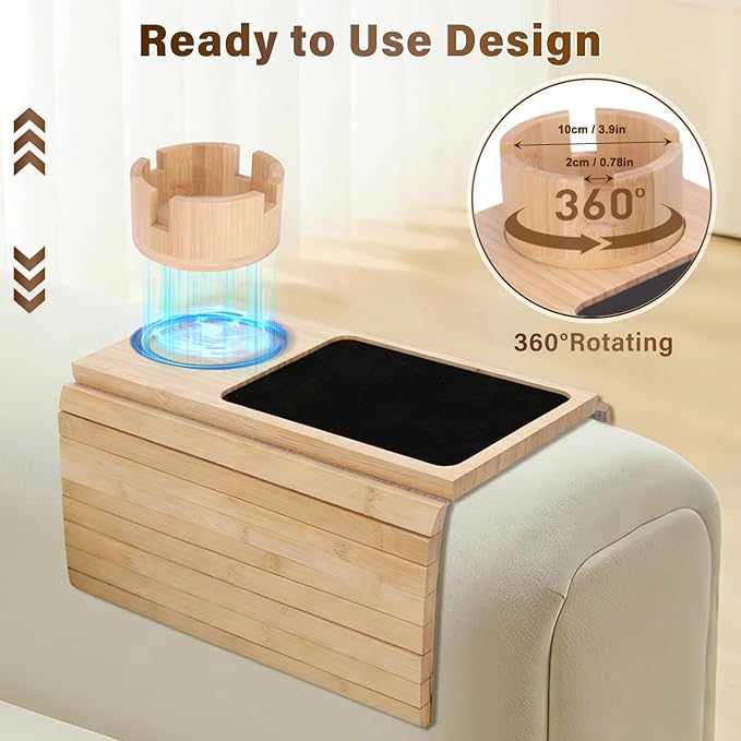 Couch Cup Holder Tray, 3-in-1 Bamboo Couch Armrest Table with 360° Rotating Magnetic and Detachable Phone Holder Stand, Foldable Anti-Slip Sofa Arm Tray for Remote, Phone, Snacks and Drinks