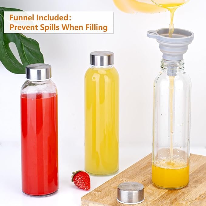 Zukro Glass Water Bottles with Lids 18 oz, 3 Pack Reusable Juice Bottles With Stainless Steel Airtight Cap for Juicing, Leak Proof Clear Drinking Jar Beverage storage container for Fridge, BPA Free