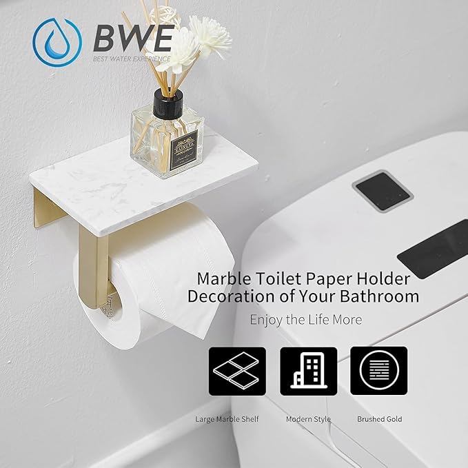 BWE Brushed Gold Toilet Paper Holder with Marble Shelf, Toilet Paper Roll Holder Wall Mounted, Toilet Paper Roll Holder with Phone Shelf 304 Stainless Steel Tissue Holder for Bathroom Washroom