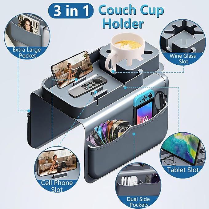 Silicone Couch Cup Holder Tray with Tablet & Phone Stand, Anti-Slip Sofa Arm Organizer with Dual Side Pockets for Remotes, Snacks, Headphones, Glasses, Drinks (Gray)