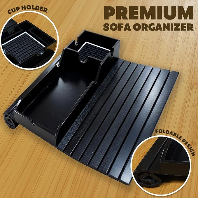 Bamboo Couch Cup Holder Tray, Sofa Arm Tray with Black Mat | Anti-Slip Foldable Sofa Armrest Table for Snacks, Drinks, Donuts, Phone & Remote - Lab Tray | Anti-Falling Couch Organizer