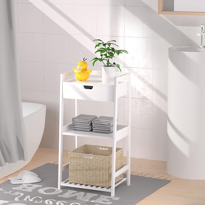 POXAKA 3 Tier Bamboo Bathroom Shelves with Drawer, Ladder Shelf for Bathroom Storage, Space-Saving Design, Stylish Display Nightstand, Stylish Storage Solution for Home, Living Room, Kitchen, Office