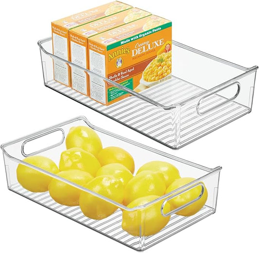 mDesign Plastic Kitchen or Pantry Storage Bins with Handles - Organization in Cabinet, Fridge or Freezer - Fruit Container for Refrigerator or Food Organizer for Pasta, Ligne Collection, 2 Pack, Clear