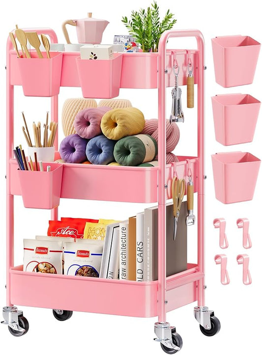3 Tier Rolling Cart Metal with Lockable Wheels, Pink Three Tiered Diaper Caddy Cart Organizer on Wheels, Storage Utility Trolley Carts for Craft, Art, Nail, Lash, Baby Supplies, Cleaning, Mesh
