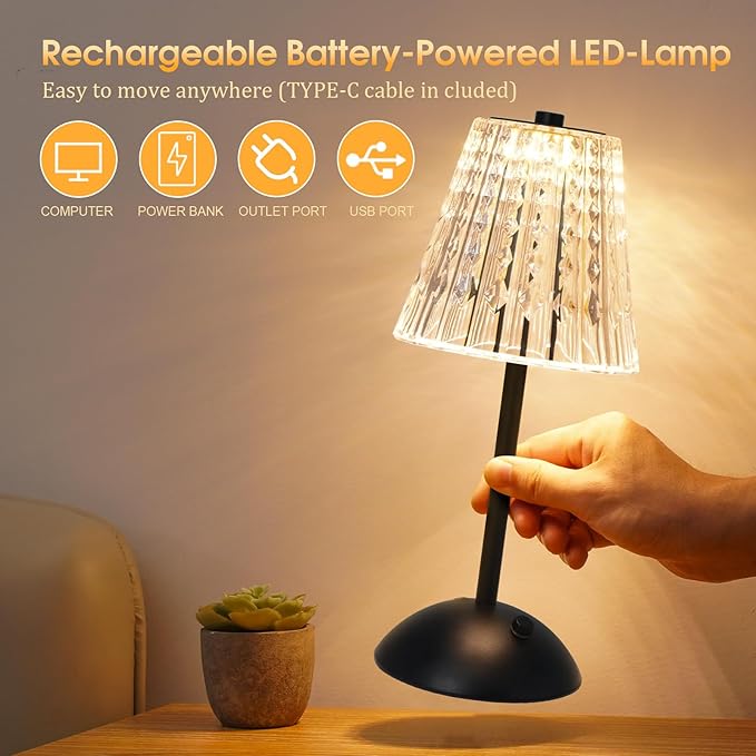 Nusogon Cordless Touch Table Lamp, 3500mAh Rechargeable Small Dask Lamp, 3 Colors Dimmable Battery Operated Crysta Lamp for Bedroom Restaurant Kitchen Home Decor, Black, 2pcs