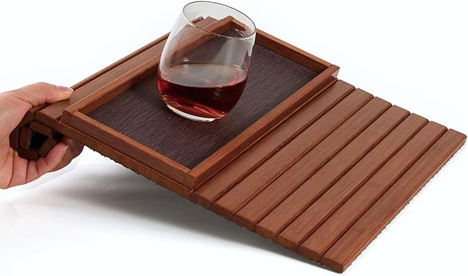 DETOR Couch Arm Tray with Anti-Slip Leather Pad, Sturdy Bamboo Slats, Fits Armrests 5.5" and Wider, Acacia Stained