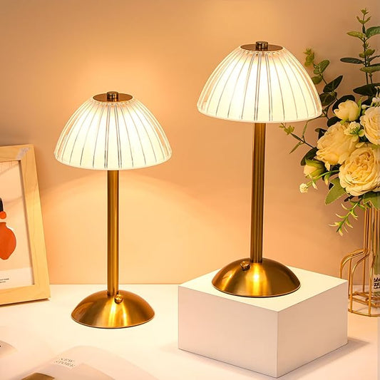Liliful 1 Pcs Cordless Table Lamp Rechargeable Touch LED Small Gold Portable Battery Operated USB-c Desk Lamp 3 Color Dimmable for Bedroom Living Room Dining (Gold,Mushroom Style)