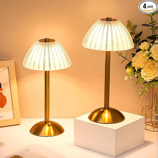 Liliful 4 Pcs Cordless Table Lamp Rechargeable Touch LED Small Gold Portable Battery Operated USB-c Desk Lamp 3 Color Dimmable for Bedroom Living Room Dining (Gold,Mushroom Style)