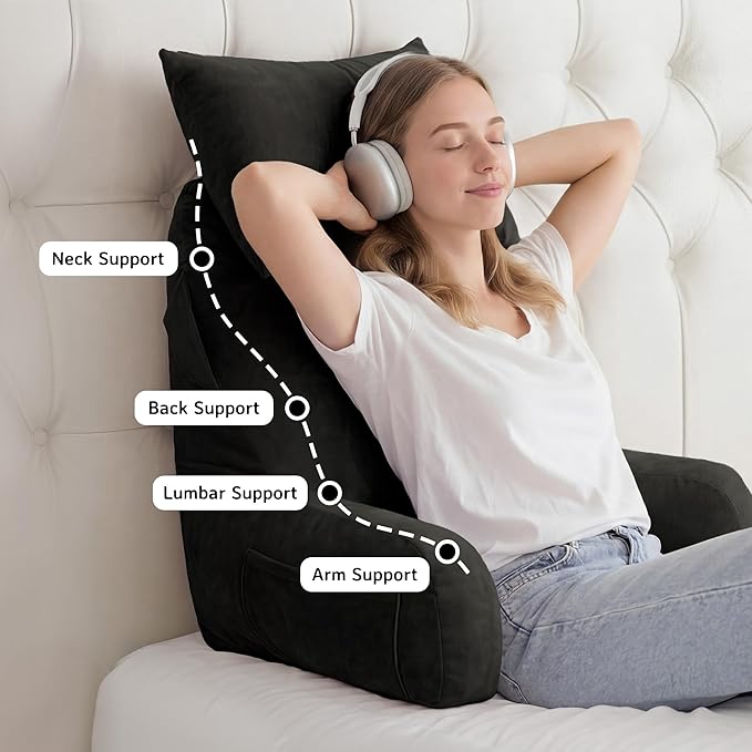 Unisakey Portable Reading Pillows with Headrest for Bed Sitting Up(Grey Oeko-Tex), Velvet Back Pillow with Arms & Pockets for Adults, Support Memory Foam Bed Pillow for Dorm/Reading/Watching/Gaming