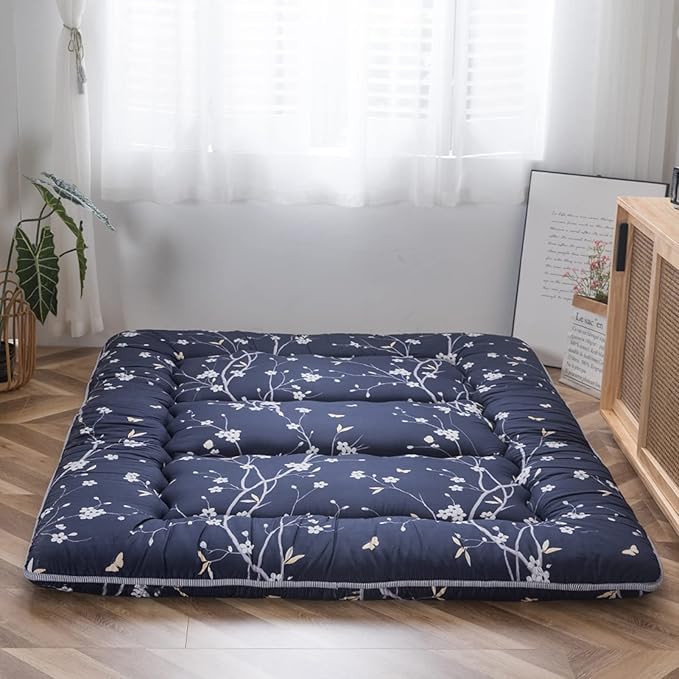 MAXYOYO Navy Floral Printed Japanese Floor Mattress Rustic Style Futon Mattress Foldable Roll Up Camping Lounger Couches and Sofas Mattress Topper Twin Size