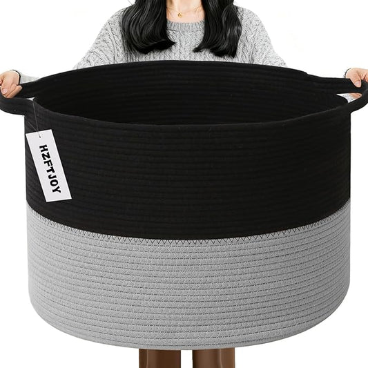 65L Large Blanket Basket, 19.7" L x 19.7" W x 13" H Rope Woven Storage Basket,Laundry Hamper for Toys, Clothes, Pillows,Towels, Perfect for Living Room, Nursery & Bedroom,Black&Light Grey