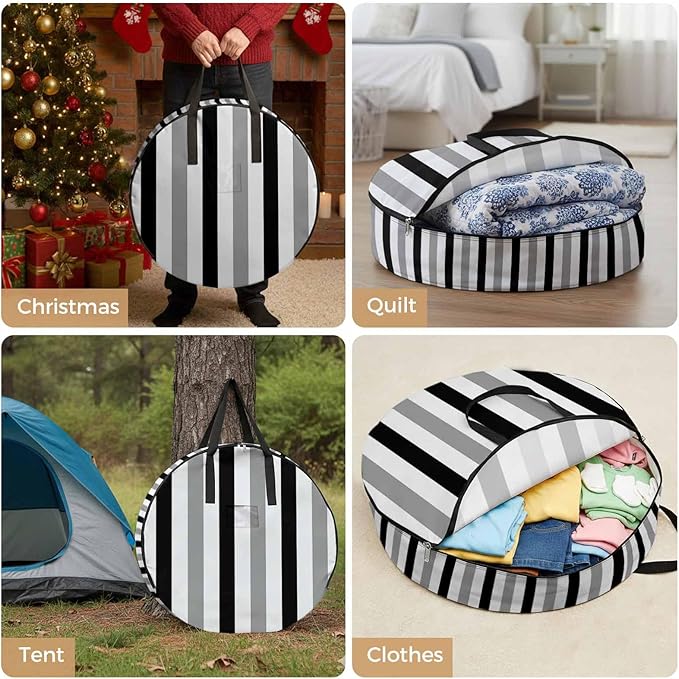 Storage Bag Black Gray Stripes Round Storage Totes Bins Closet Organizers with Zippers & Handle Contrast Striped Clothes Storage Container for Bedroom Dorm Space Saving Packing Supplies Moving Bags