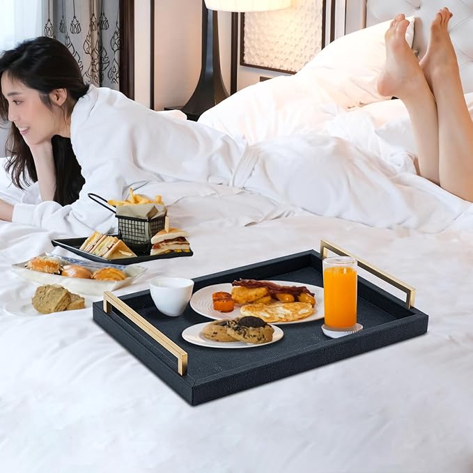 XIGEXIGE Black Faux Leather Serving Tray, 17x12 inches, Brushed Gold Handles, Decorative Tray for Ottoman Coffee Table, Living Room, Kitchen, Bathroom
