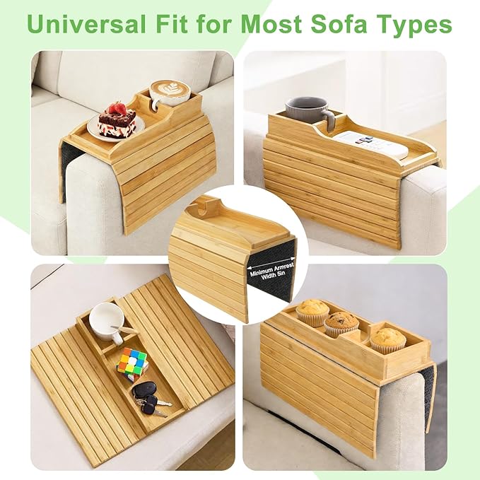 RETON 2 Pack Bamboo Couch Armrest Tray with Sofa Cup Holder, Anti-Slip Foldable Couch Arm Tray Table Organizer for TV Remote Drinks Cups Cellphone Snacks