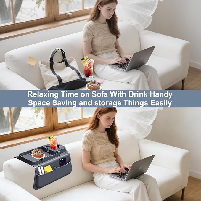 Silicone Couch Cup Holder Tray with Tablet & Phone Stand, Anti-Slip Sofa Arm Organizer with Dual Side Pockets for Remotes, Snacks, Headphones, Glasses, Drinks (Gray)