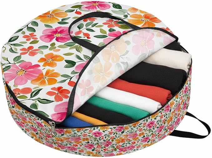 Red Yellow Floral Round Storage Bag 24 Inch, Retro Spring Leaves Flower Clothes Storage Container with Handles Heavy Duty Organizer for Comforter, Bedding & Holiday Wreaths