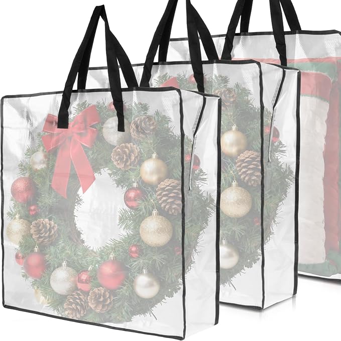 RAINFLOW Christmas Wreath Storage Bag - 3 PCS Moving Bags Heavy Duty for Christmas Decorations Garland Ornament Clothes Gift Pillow Toy Clear Storage Bag with Zipper Moving Supplies(24 inch)