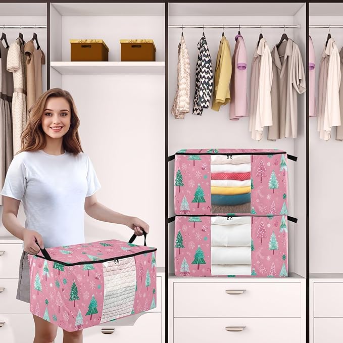 OTVEE Christmas Trees with Snowflakes on Pink Clothes Storage, 60L Foldable Storage Containers for Organizing Bedroom, Closet, Clothing, Comforter, Organization and Storage with Lids and Handle