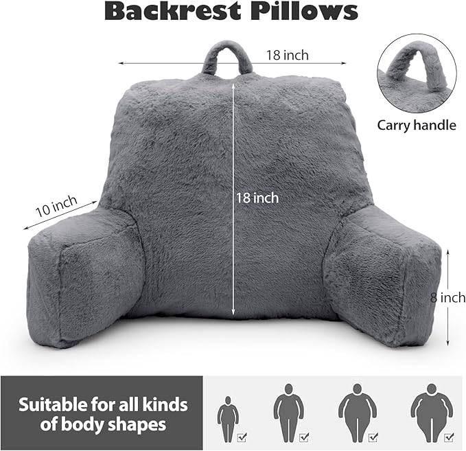 Reading Pillow, Back Support Pillow for Bed Sitting Up, Large Bed Rest Pillow with Arms for Adults,Back Support Pillow for Couch and Chair, Grey