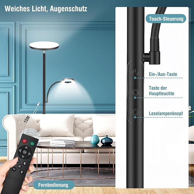 2025 Floor Lamp, 42W 4200LM Torchiere LED Lamp for Living Room, Stepless Dimming Floor Lamps with Remote Control, 2700K-6500K Color, 70" Tall Standing Lamp with Reading Light for Bedroom, Off-black