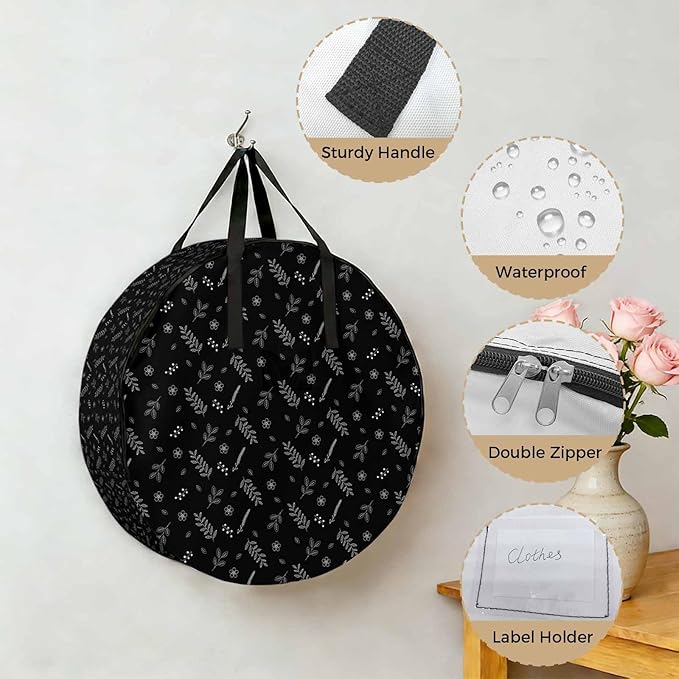 Storage Bag Black Wheat Ear Round Storage Totes Bins Closet Organizers with Zippers & Handle Floral Leaf Plant Clothes Storage Container for Bedroom Dorm Space Saving Packing Supplies Moving Bags