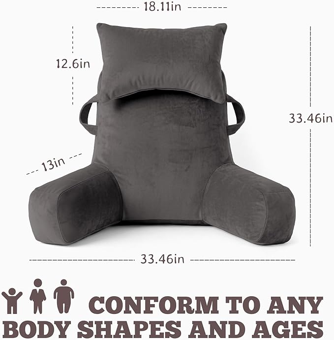 Unisakey Portable Reading Pillows with Headrest for Bed Sitting Up(Light Grey Oeko-Tex), Velvet Back Pillow with Arms & Pockets for Adults, Support Memory Foam Bed Pillow for Dorm/Watching/Gaming