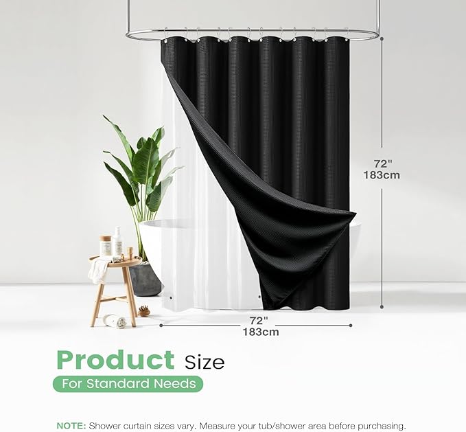 Dynamene Black Shower Curtain and Liner Set, Waffle Weave Fabric, Waterproof Clear Liner, 256GSM Heavy Duty Weighted Hotel Luxury Cloth Shower Curtains for Bathroom with 12 Plastic Hooks, 72Wx72H