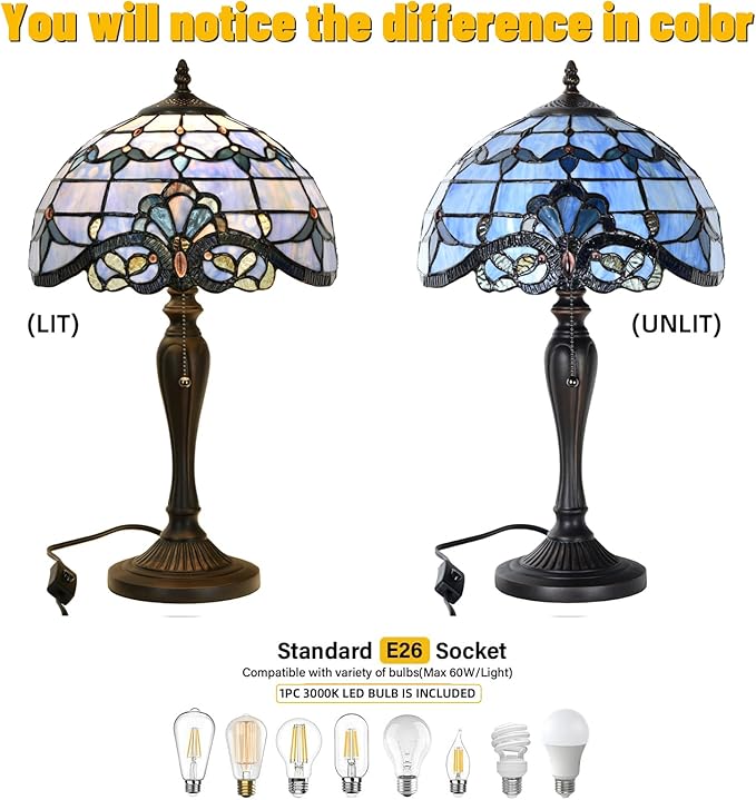 TL0015 Tiffany Table Lamp, Blue Baroque Stained Glass Shade, W12×OH21.5in, LED Bulb Included, for Bedroom Living Room (Blue Baroque)