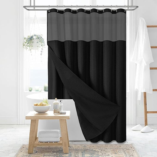 Dynamene Extra Long Shower Curtain, 84 Inch Long Waffle Fabric Shower Curtain for Bathroom, Tall Waterproof Cloth Shower Curtain Liner Set with Hook, Snap in Liner, Mesh Top Window, Black, 72x84