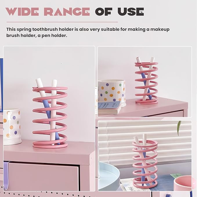 Spring Toothbrush Holder, Stainless Steel Spring Shaped Desktop Toothbrush Holder, Multifunctional Pen Holder Makeup Brush Toothbrush Storage for Bathroom Tabletop Dressing Table and Sink (Pink)