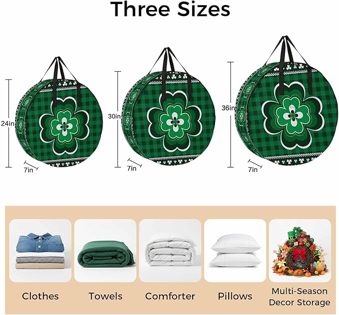 St Patricks Round Storage Bag 30 Inch, Day Vintage Shamrock Texture Green Plaid Clothes Storage Container with Handles Heavy Duty Organizer for Comforter, Bedding & Holiday Wreaths
