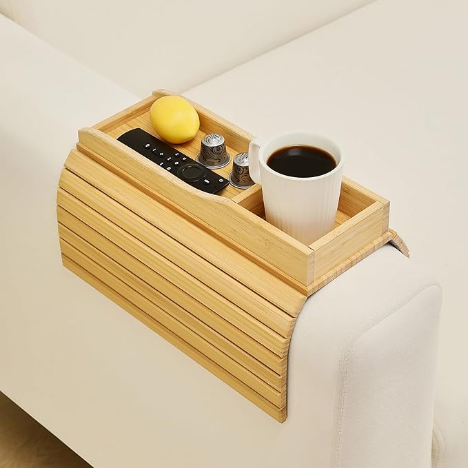 Bamboo Couch Cup Holder Arm Tray Table，Couch Drink Holder，Sofa Cup Holder Armrest Tray，Anti-Slip Foldable Arm Chair Table Tray Recliners for Drink,Cups, Snacks, Phone, Remote