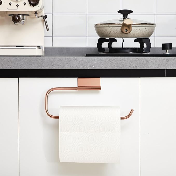 Yaocom 12.4 Inches Cabinet Door Paper Towel Holder Camper Under Sink No Drilling Paper Towel Storage and Dispenser for RV Kitchen Bathroom Laundry Room, Stainless Steel(Rose Gold,2 Pcs)