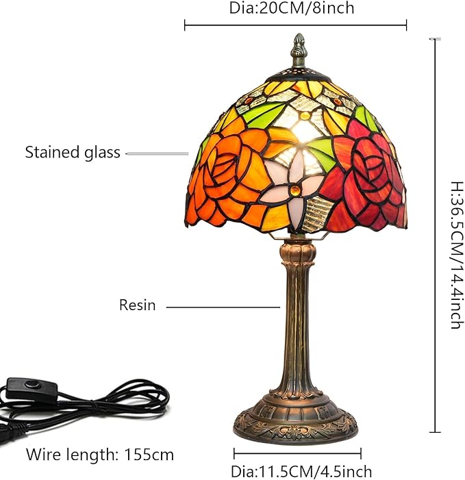 Tiffany Lamp Bedside Table Lamp-Nightstand,Stained Glass Lamp for Bedroom Dorm Living Kitchen, Aesthetic Cute Home Decor Gift (8-inch Rose)