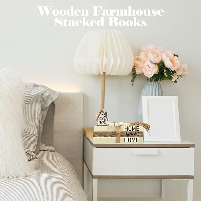 Tatuo 4 Pcs Wooden Farmhouse Decorative Books for Home Decor Coffee Table Faux Books for Decoration White Fake Decorative Home Sweet Stacked Display Set with Beads Garland Shelf Living Room Decor