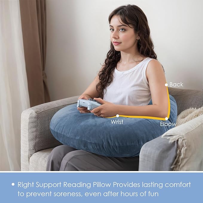 QUEEN ROSE Reading Pillow, Gaming Pillow for Lap, Sitting in Bed or Sofa, Extra Arm Rest for Reading, Playing or Crocheting, Soft Velvet Blue