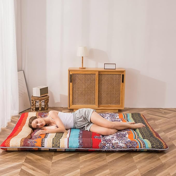 MAXYOYO Bohemian Retro Floor Mattress Vintage Floral Japanese Futon Mattress Roll Up Thicken Sleeping Mat Portable Camping Mattress Floor Lounger Couch Pad, Twin Size