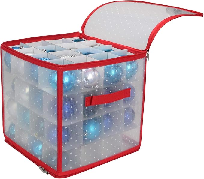 Northlight Transparent Zip Up Christmas Storage Box - 12.5" - Holds 64 Ornaments - Red and Clear