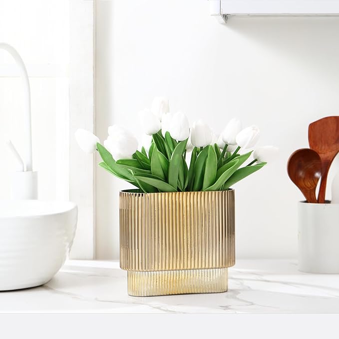 Ribbed Vase, Gold Glass Vase for Flowers, Gold Flower Vases for Tulips, Modern Vases for Living Room, Dining Table, Office, Bedroom, Mantle, Shelf, Wedding, 7 Inch