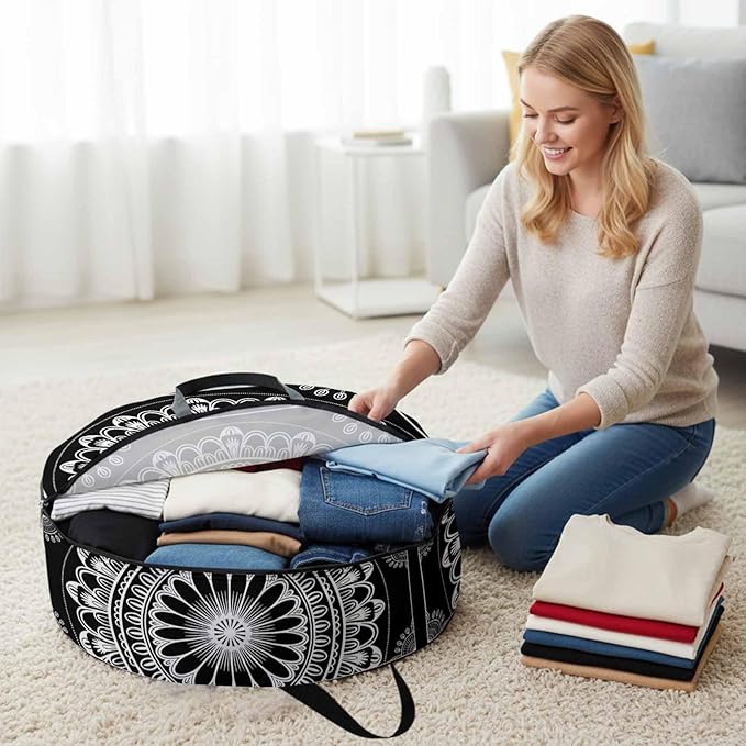 Storage Bag Black Boho Floral Pattern Round Storage Totes Bins Closet Organizers with Zippers & Handle Ethnic Bohemian Lines Clothes Storage Container for Bedroom Dorm Space Saving Packing Supplies